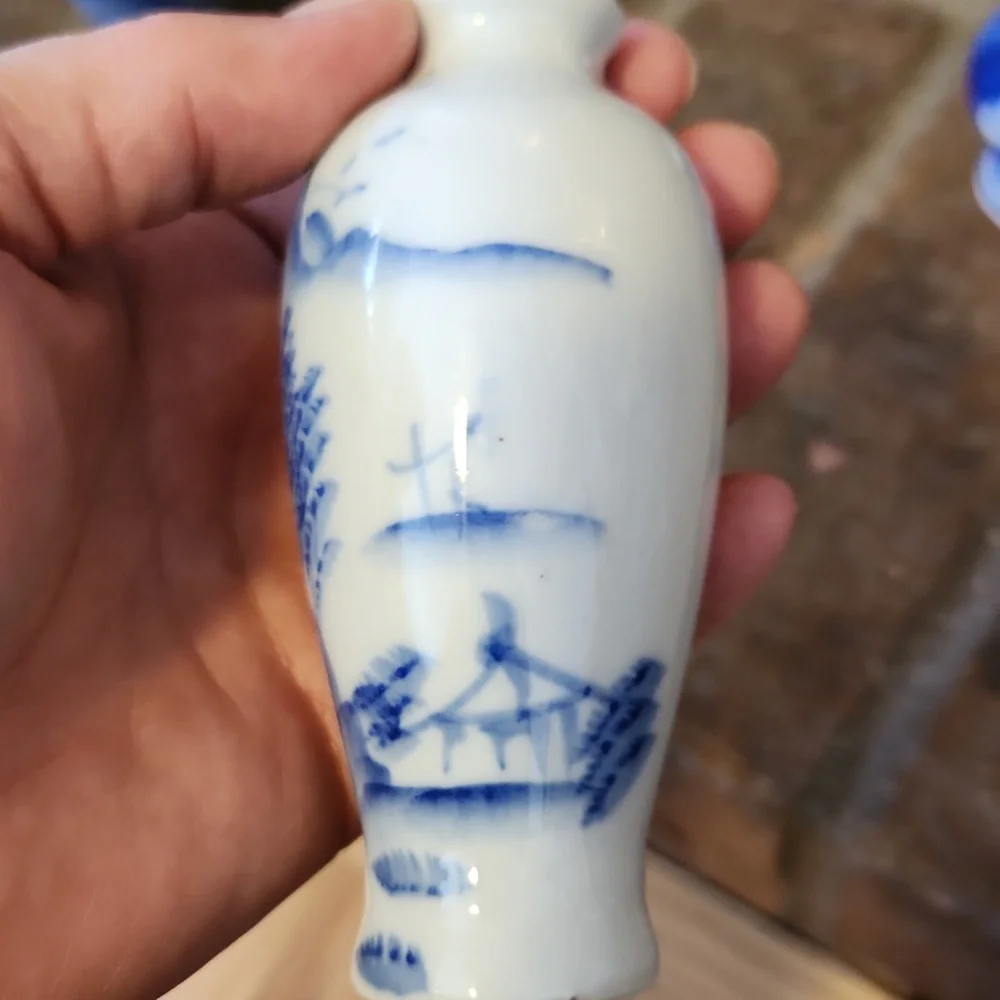 Vintage Chinese Bud Vases Miniature  Set Of 3 Cobalt Blue Asian Cherry Blossoms